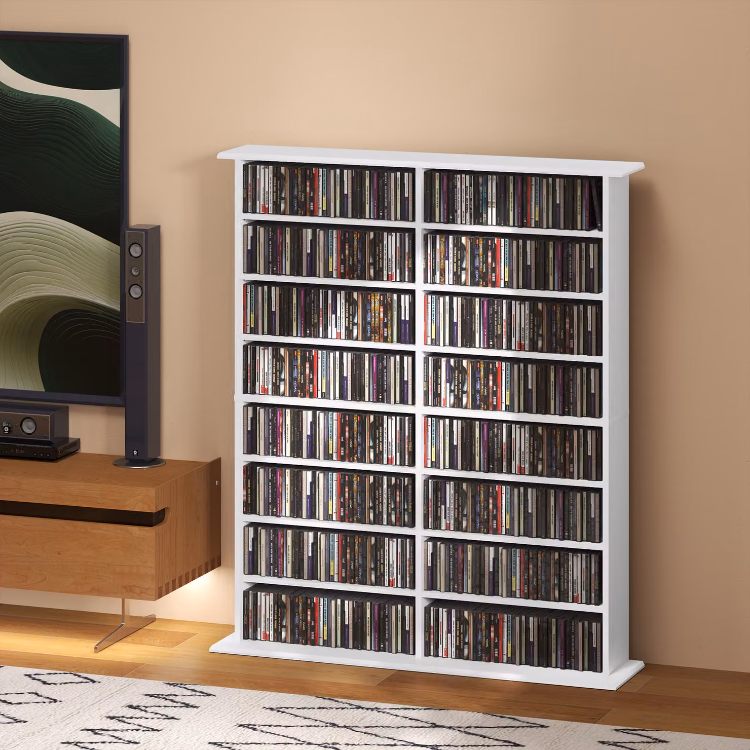 Libreria porta CD HOMCOM in legno con 16 ripiani regolabili, design moderno, colore bianco, L: 106.5 cm, P: 24 cm, H: 126.3 cm – 2