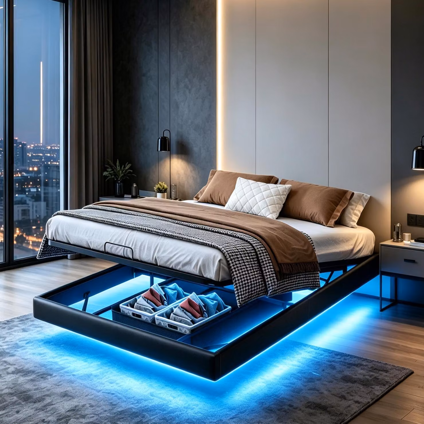 Letto imbottito INONEFT, 160 x 200 cm, letto matrimoniale con LED, letto sospeso con spazio contenitore, letto box con sistema idraulico, letto per ragazzi con rete a doghe, rivestito in PU, colore nero