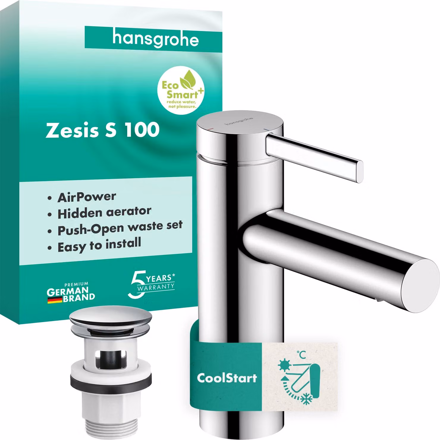 hansgrohe Zesis S Mitigeur monocommandé pour lavabo 100 CoolStart avec vidage Push-Open, 74724000, 74724000