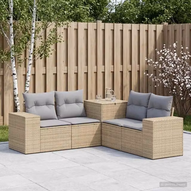 Set di divani da giardino a L vidaXL in polyrattan con pouf e cuscini, Beige e Grigio – 1