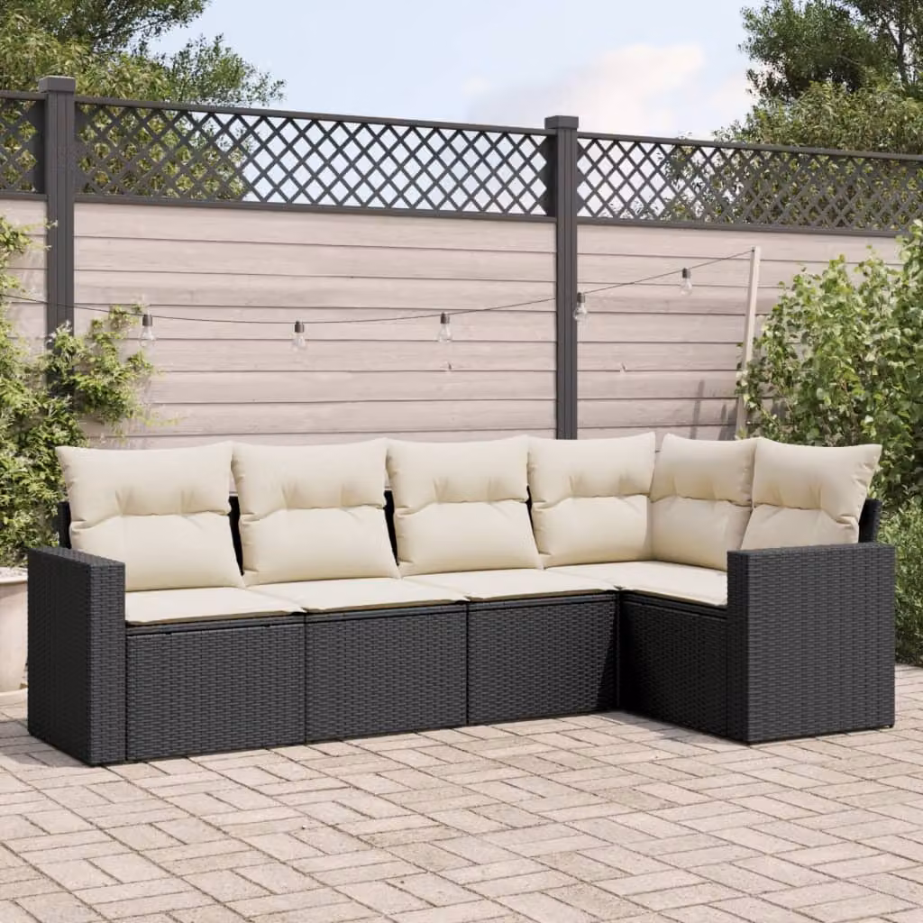Set di divani da giardino vidaXL in polyrattan nero con cuscini bianchi e struttura in metallo a forma di L – 1