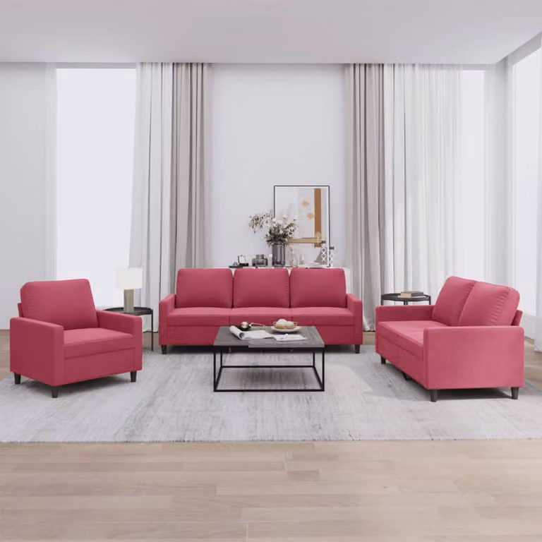 Set di divani vidaXL da 3 pezzi in velluto rosso con cuscini per soggiorno moderno