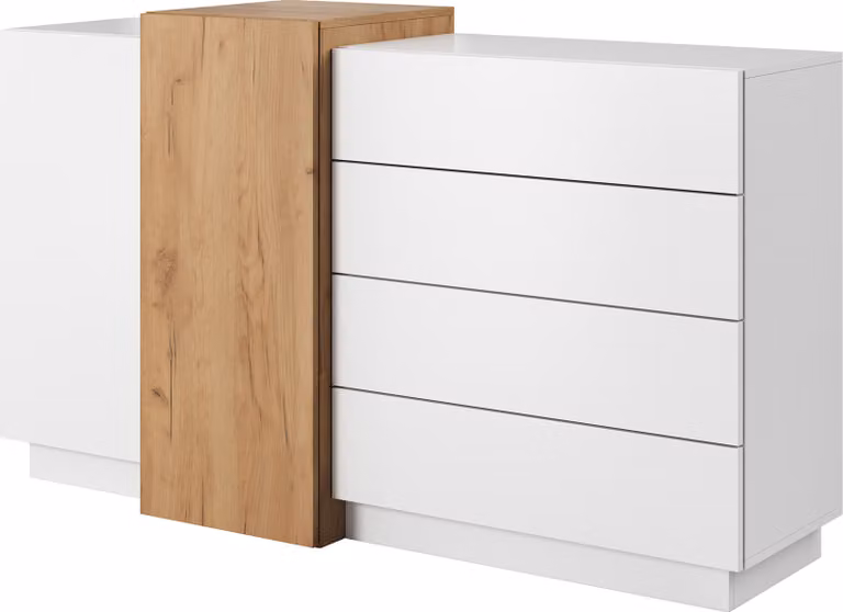 Comodà Masseno TRES da 160 cm con 4 cassetti e 2 ante per soggiorno e camera da letto, stile moderno, 160x45x94 cm, bianco/arancione
