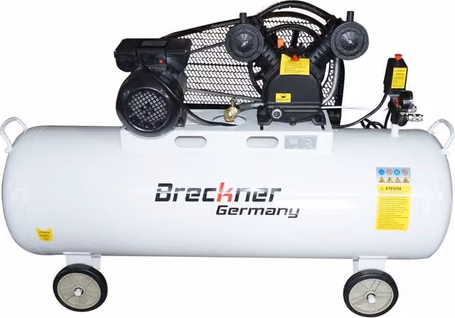 Compressore d'aria a cinghia Breckner Germany con serbatoio da 200 litri, motore a V a 2 cilindri da 2,2 kW/3 CV, pressione massima 8 bar e aspirazione di 325 l/min, colore bianco