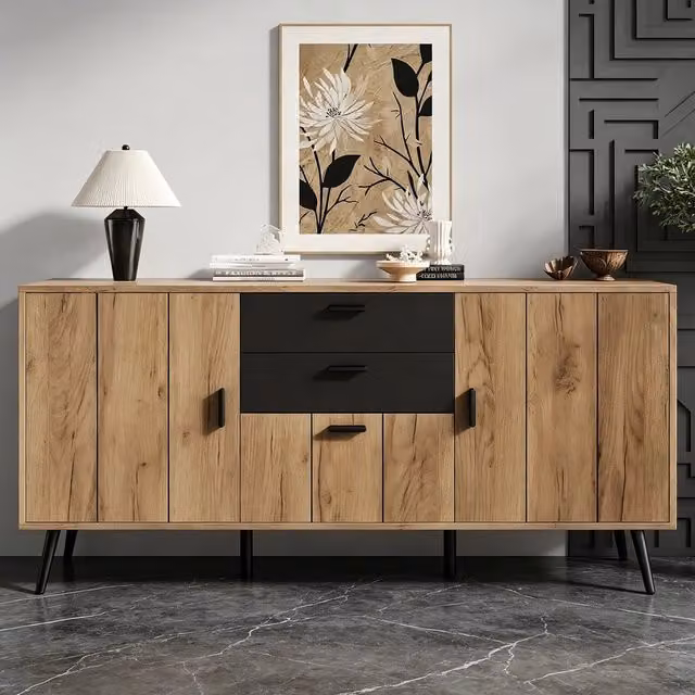 Cassettiera Moderna Minimal Nero con Effetto Rovere e Cassetti Soft Close L/P/H: 140 x 35 x 67 cm – 1