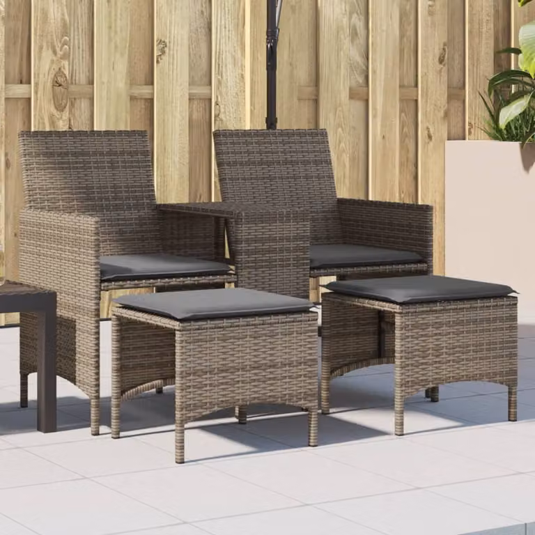 Set da giardino vidaXL composto da divano 2 posti, tavolino e sgabello in rattan grigio con struttura in metallo e cuscini inclusi
