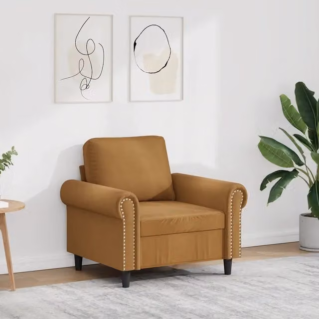 Poltrona moderna vidaXL in velluto marrone con struttura in metallo e braccioli – 1