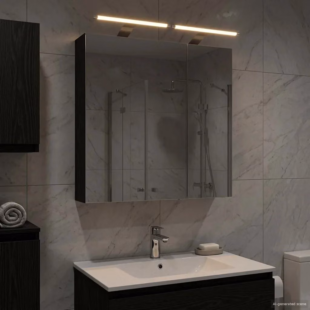 Mobiletto per specchio da bagno moderno vidaXL in legno con illuminazione LED e specchio, Rovere Nero, L: 60 cm, P: 14,5 cm, H: 70 cm – 2