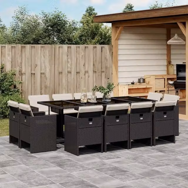 Set da Pranzo da Giardino 13pz con Cuscini Nero in Polyrattan 3277805