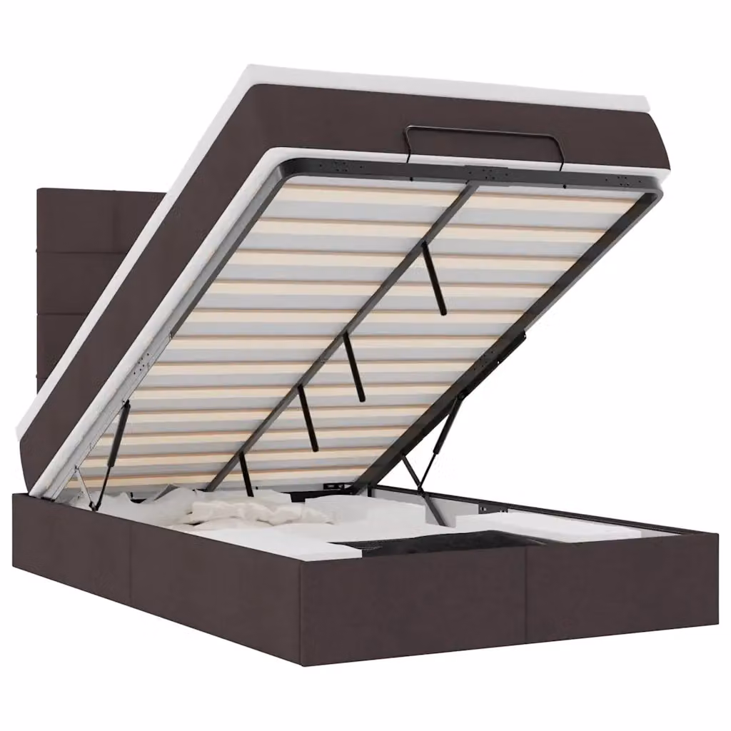 Letto con contenitore a sollevamento e materasso vidaXL in tessuto marrone e bianco, dotato di illuminazione sottostante e porta di ricarica USB, L/P/H: 200 x 120 x 128 cm – 2