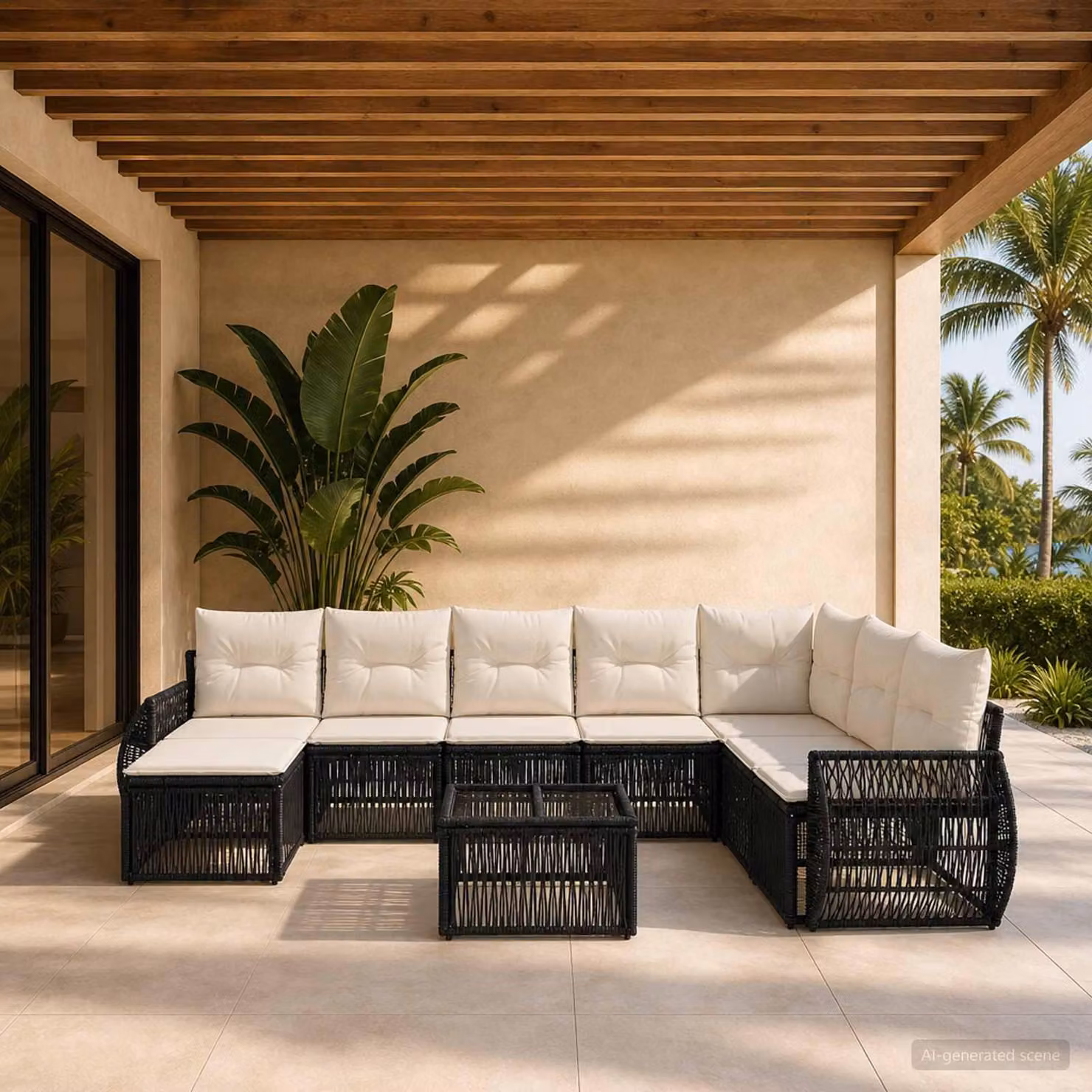 Maison Exclusive - Set da giardino composto da 9 pezzi. Divano e poltrone in rattan sintetico, colore nero e crema