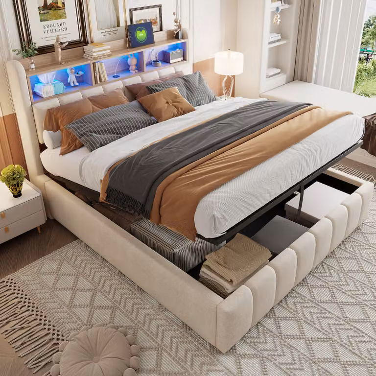 Letto imbottito Flieks 180x200cm con USB &Type-C, letto a molle insacchettate letto contenitore con LED e testata contenitore, letto matrimoniale letto per ragazzi, biancheria, beige