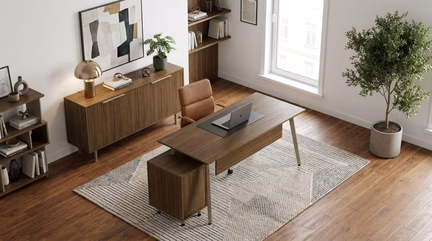 Set di mobili da ufficio: scrivania, mobiletto laterale, cassettiera, in legno, colore marrone