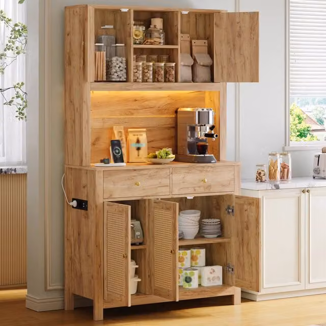 Credenza alta da cucina 100x40x180 cm con LED RGB; prese AC e USB; 2 cassetti e ante in rattan; naturale