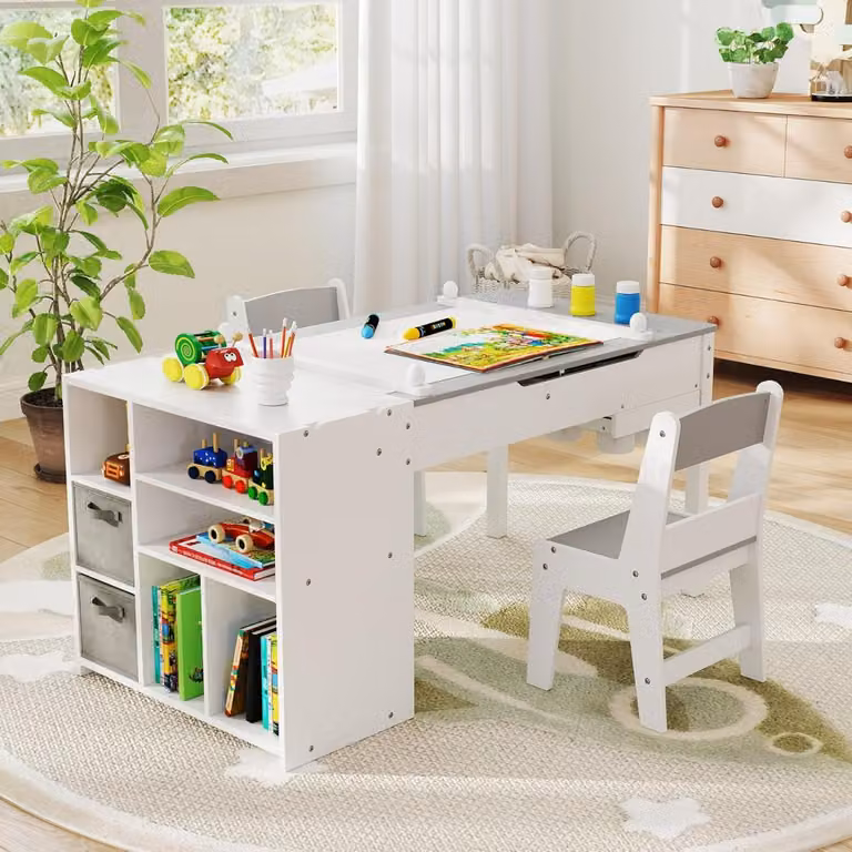 Set tavolo e sedie per bambini Costway con rotolo di carta, organizzatore e cavalletto, Grigio e Bianco