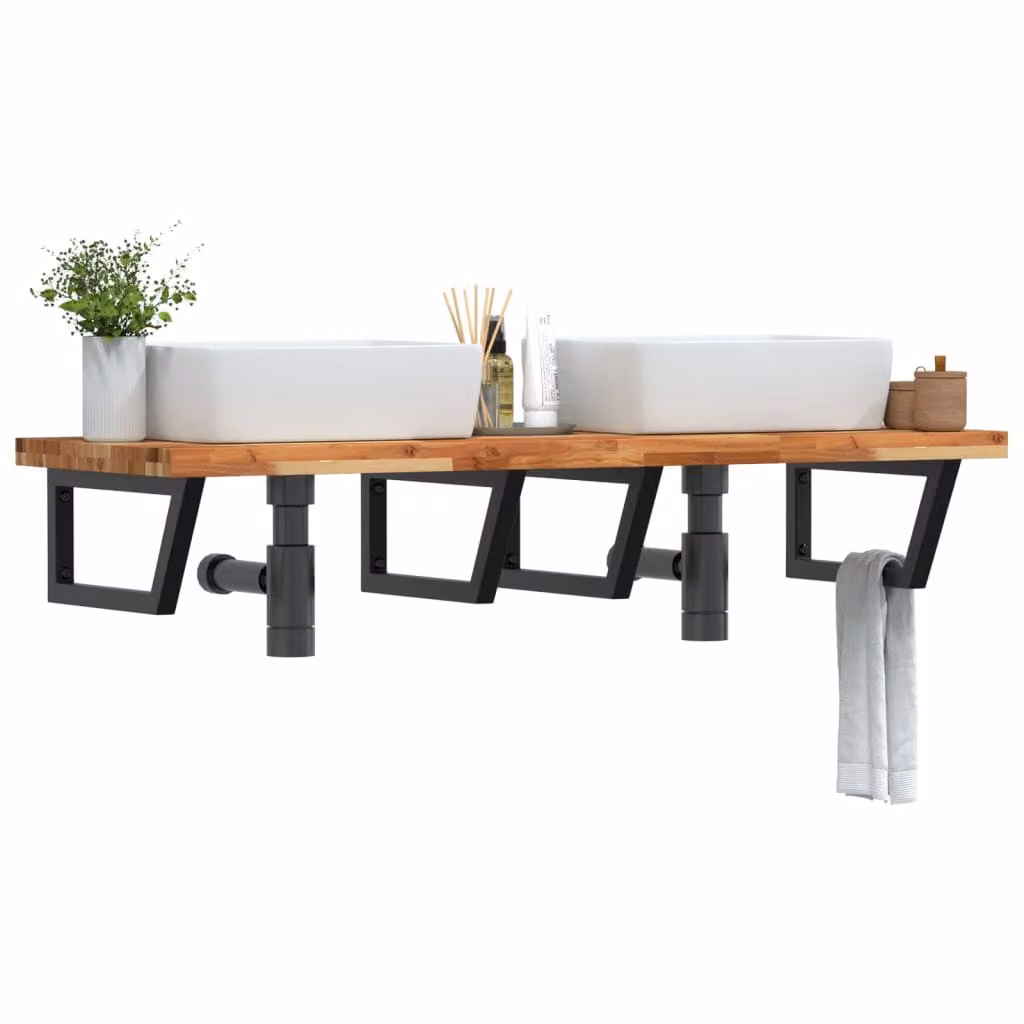 vidaXL Ripiano a Parete per Lavabo in Accacia e Acciaio, Nero e Marrone, L: 50 cm, P: 24 cm, H: 5 cm