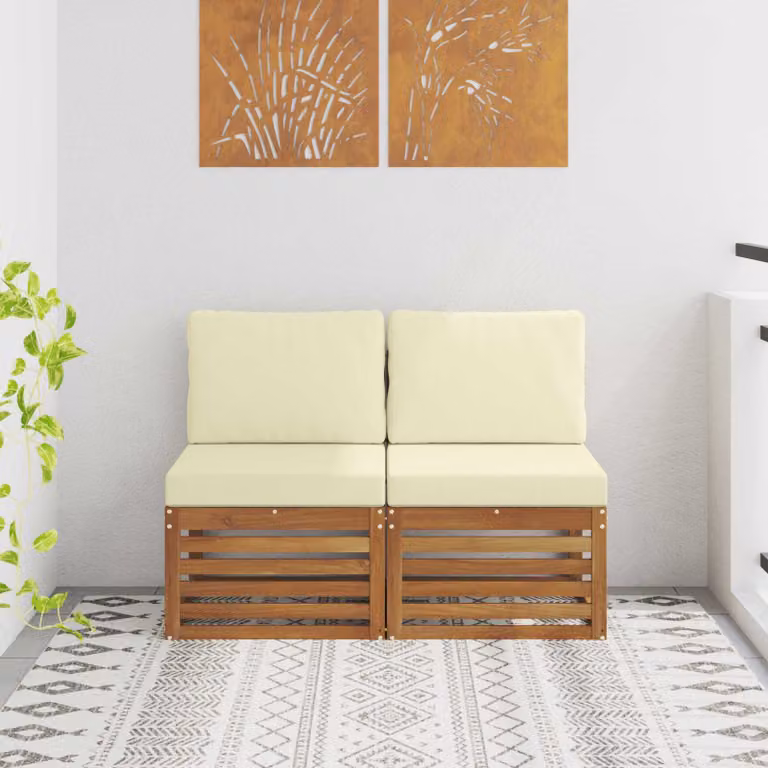 Set di 2 divani centrali da esterno vidaXL in legno di acacia massello con cuscini beige e marrone