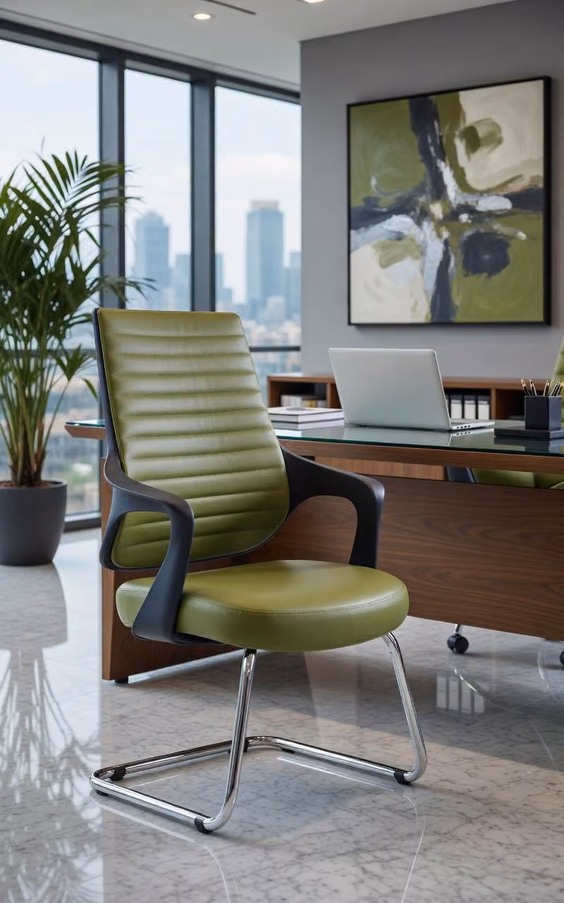 Sedia da ufficio moderna, di colore verde, con seduta imbottita e braccioli