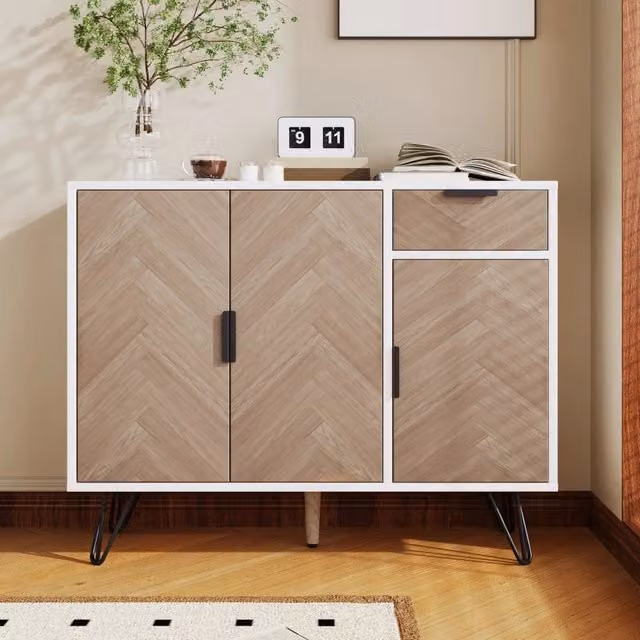 Armadio Zephmum moderno con ante a battente e ripiani, Bianco e finitura legno, L 90 cm x P 30 cm x H 71,5 cm