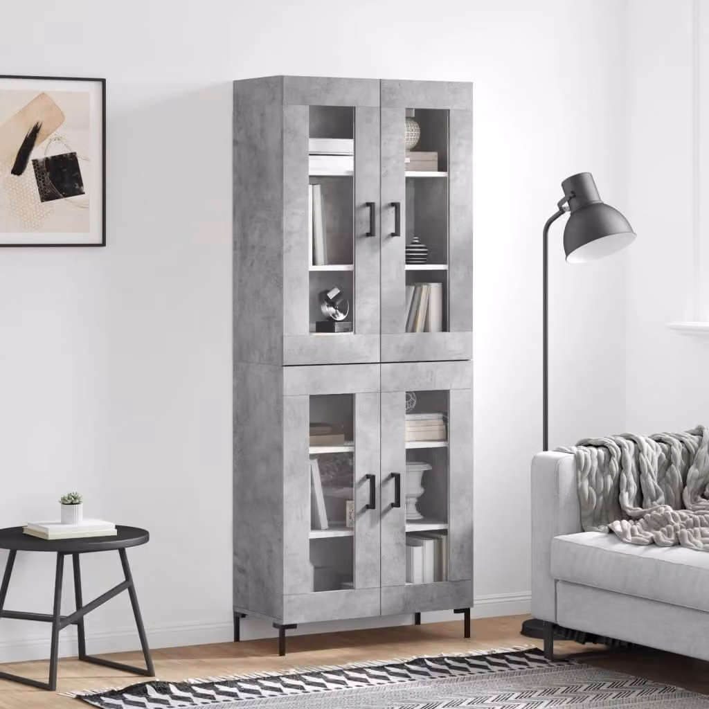 Credenza moderna vidaXL in legno e vetro con ante in vetro, Grigio, L: 69,5 cm, P: 34 cm, H: 180 cm