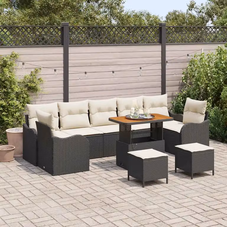 Set Divano da Giardino vidaXL 10 Pezzi in Polyrattan Nero con Cuscini e Tavolino