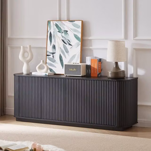 Mobile buffet in legno nero con motivi ondulati, 162,5x38x61 cm, per cucina, soggiorno e ingresso