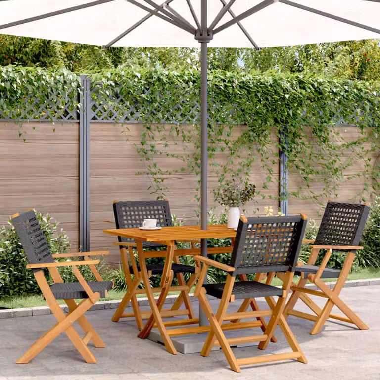 Set di 4 sedie pieghevoli vidaXL in polyrattan nero e legno di acacia oliato con braccioli