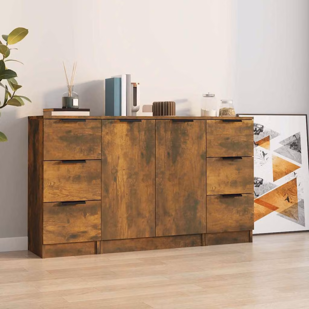 Set di 3 credenze vidaXL in legno multistrato color rovere fumo per la tua sala da pranzo – 1