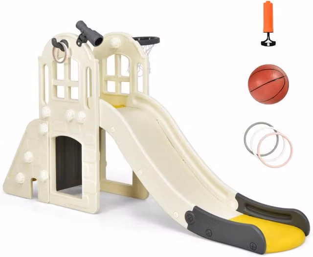 Scivolo grande per bambini 6 in 1 con canestro palla lancio dell'anello e cannocchiale, Set da gioco Giallo-Arrampicate e scivoli