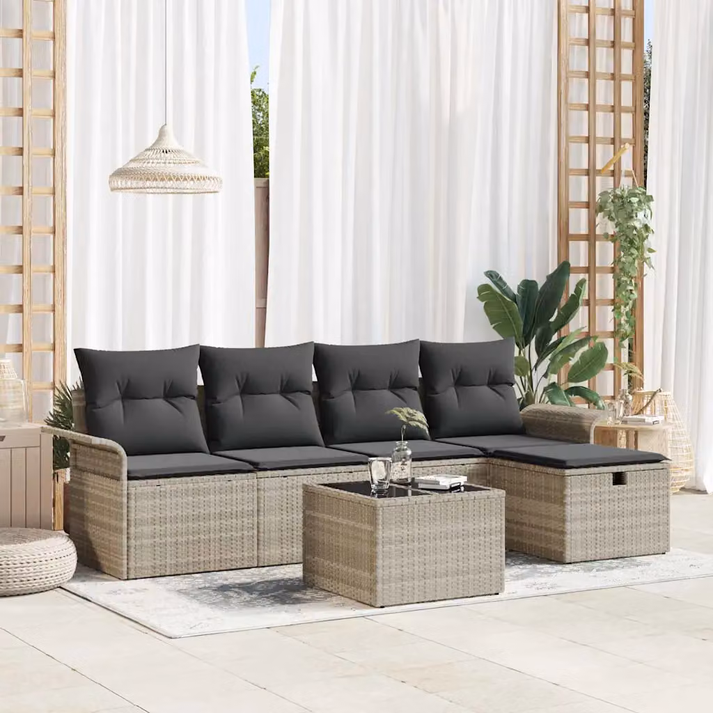Set Divano da Giardino a L vidaXL in Poly Rattan Grigio con Tavolino e Pouf, 6 Pezzi – 1