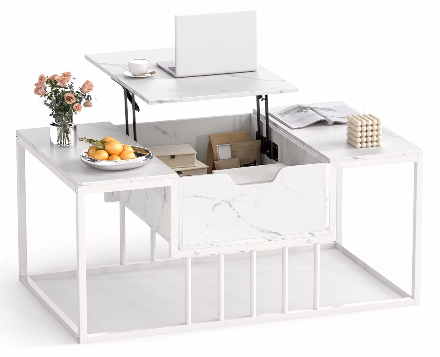 COSTWAY Tavolino da divano 2 in 1, regolabile in altezza, tavolino per divano, tavolino da soggiorno con piano e spazio contenitivo, tavolino da caffè, tavolino laterale, bianco, 100x60x45 cm