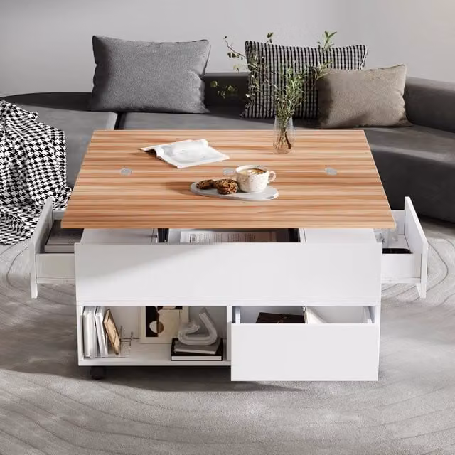 Tavolino basso alzabile MIVRAY con 4 cassetti, 2 vani semiaperti e ruote con freno, bianco e color legno, L: 100 cm, P: 50 cm, H: 52 cm