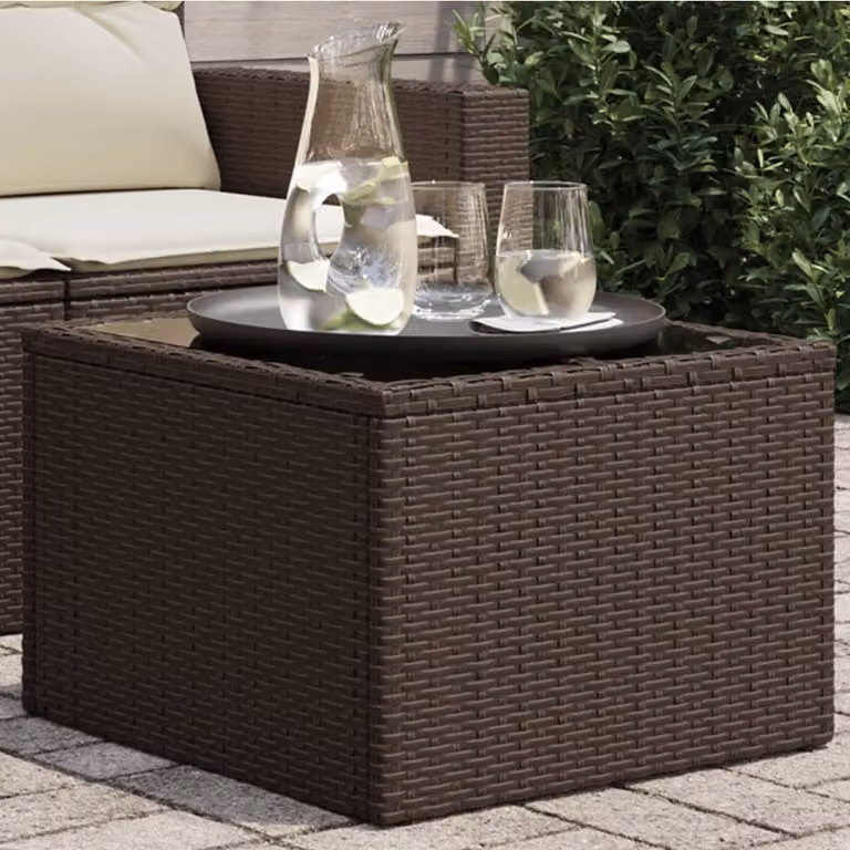 Tavolo da giardino moderno vidaXL in polyrattan marrone con piano in vetro L/P/H: 55 x 55 x 37 cm