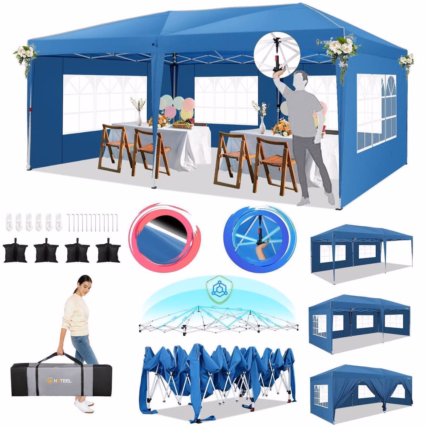 Gazebo da esterno 3x6 metri, impermeabile, stabile, con 6 pareti laterali, colore blu
