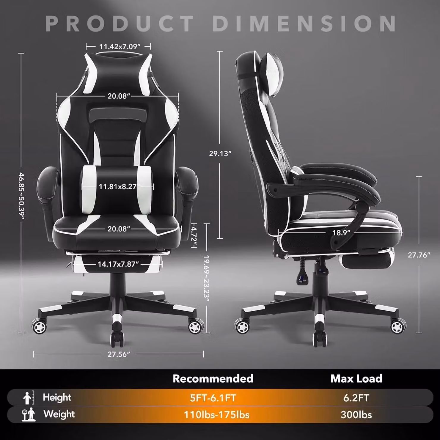 Sedia da gaming - Sedia da ufficio ergonomica - Regolabile in altezza - Poggiapiedi estraibile - Supporto lombare - Poggiatesta - Rotazione a 360° - Colore: nero e bianco