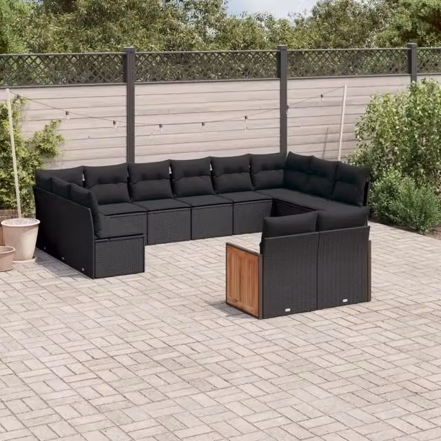 Set di Divani da Giardino vidaXL a Forma di U con Cuscini, Colore Nero, in Polyrattan e Acciaio Verniciato a Polvere – 1