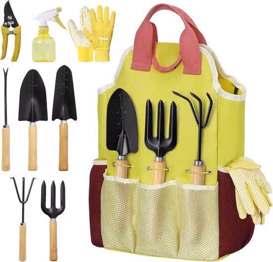 Set di attrezzi da giardino da 9 pezzi, set di attrezzi da giardino robusto con manici in legno, attrezzi manuali di alta qualità e resistenti, set da giardino contenuto in un'elegante borsa da mano, regali da giardino per donne