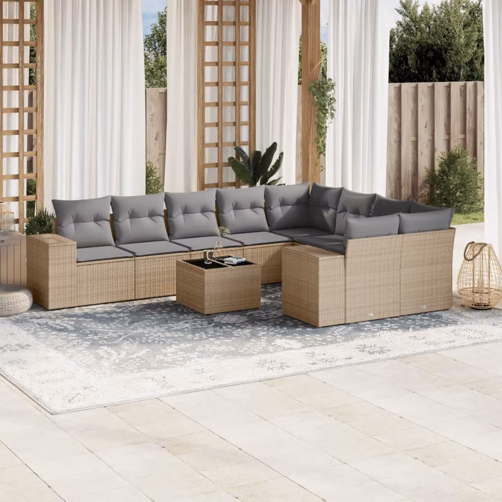 vidaXL Set Divano da Giardino 10 pz a Forma a L con Cuscini Beige e Tavolino, Polyrattan e Acciaio Verniciato a Polvere – 1
