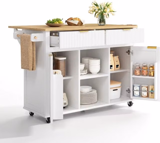 Isola da cucina con ruote 143 x 45 x 89;5 cm; piano di lavoro pieghevole; 2 cassetti e 2 ante; bianco e naturale