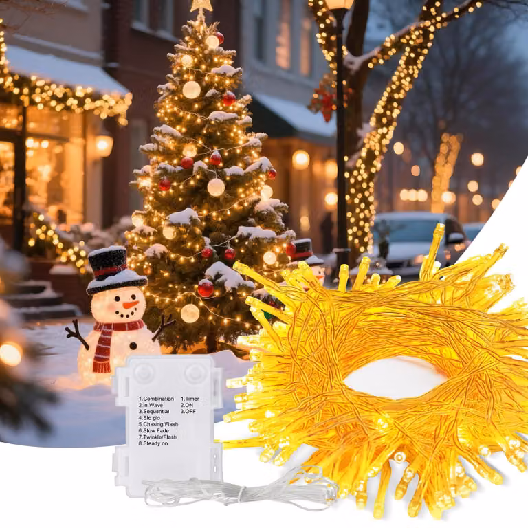 Catena luminosa da 15 metri, con 130 LED, grado di protezione IP65, 8 modalità, timer, alimentazione a batteria