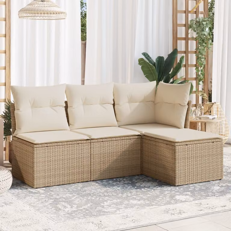 Set Divano da Giardino L-Shape vidaXL con Cuscini Beige e Ottoman in Polyrattan e Acciaio