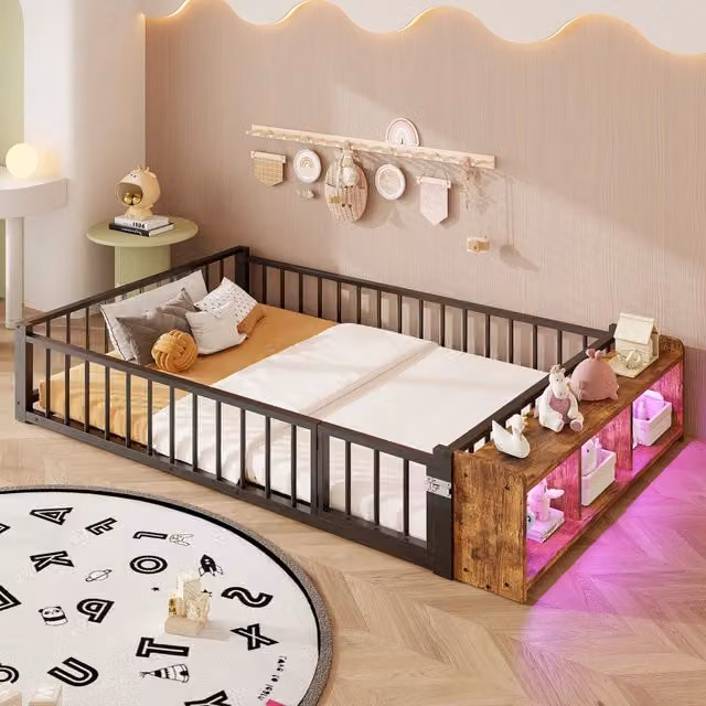 Letto singolo WISHDOR in metallo e MDF con ripiani laterali e luci LED sotto il letto, nero, L: 140 cm, P: 200 cm – 1