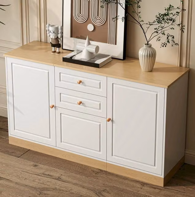 Sideboard moderno in MDF bianco e beige con 3 ante e 2 cassetti L: 135,5 cm, P: 39 cm, H: 76 cm