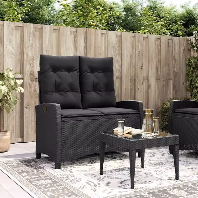 Panca Reclinabile da Giardino Design Mania in Polyrattan e Metallo Nera con Cuscini L/P/H: 110 x 66 x 93 cm – 1