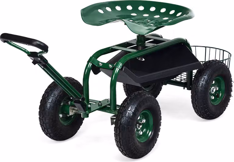 COSTWAY Sedile mobile regolabile in altezza, carrello da giardino con rotelle, maniglia estensibile e cestino, sedile da giardino girevole fino a 150 kg 96,5x48,5x45,5-54,5 cm