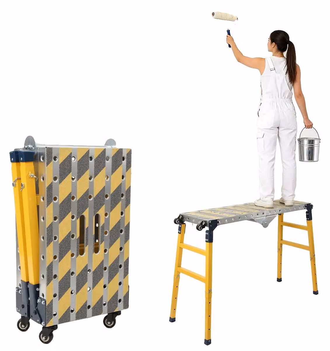 Piattaforma di lavoro regolabile in altezza, capacità di carico 500 kg, altezza regolabile da 60 a 90 cm, dimensioni del piano di lavoro 36x120 cm, test di sovraccarico statico a 750 kg, test di fatica dinamica a 300 kg