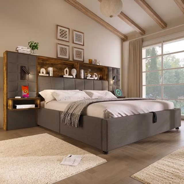Letto contenitore 180 × 200 cm con LED, 2 lampade da lettura, USB Type-C, 2 comodini, senza materasso