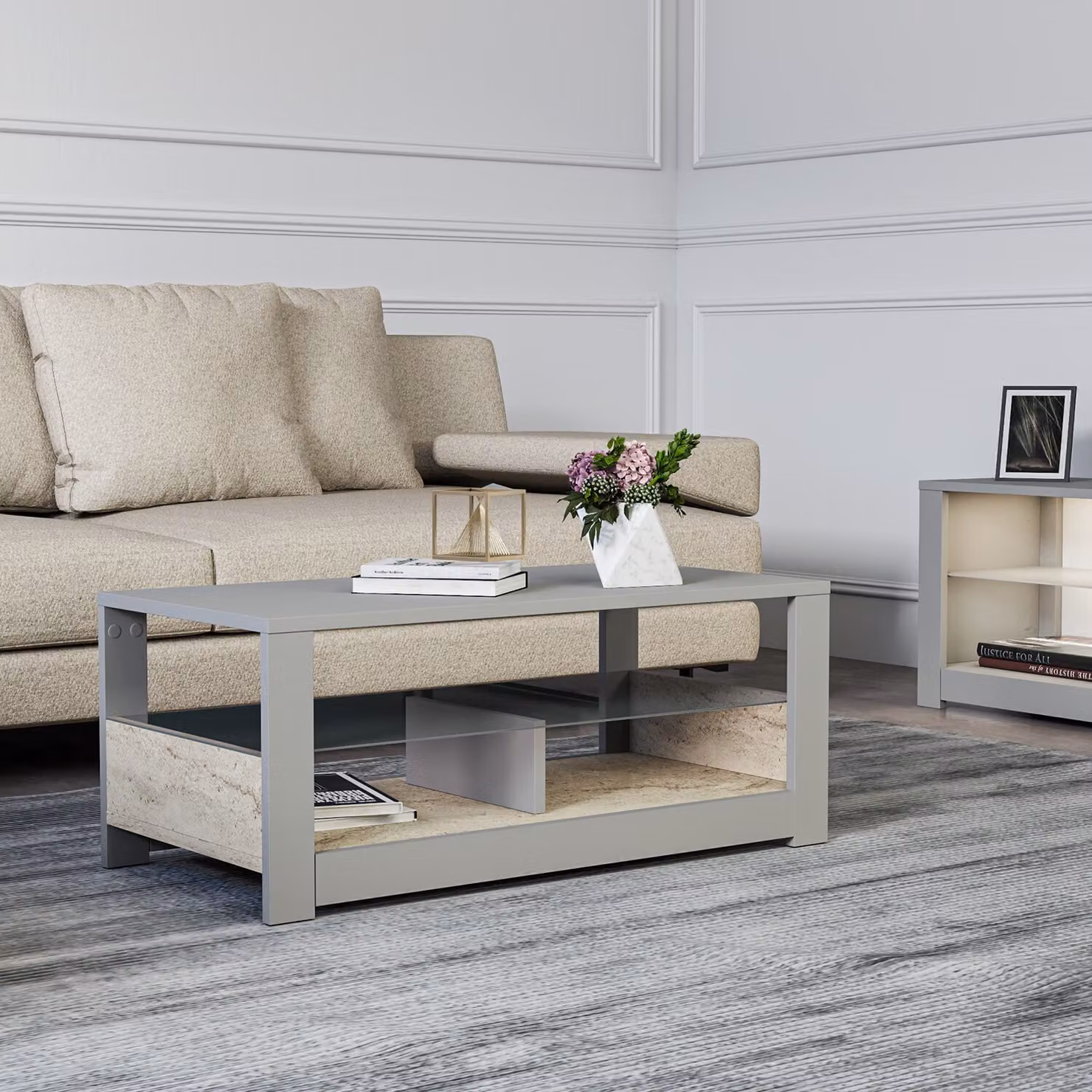 Skye Decor, tavolino da caffè di alta qualità con piano in vetro, 90 x 37 x 45 cm | Realizzato in pannello di particelle rivestito in melamina al 100%, spessore 18 mm | Montabile a parete, disponibile nei colori grigio e travertino, design moderno.