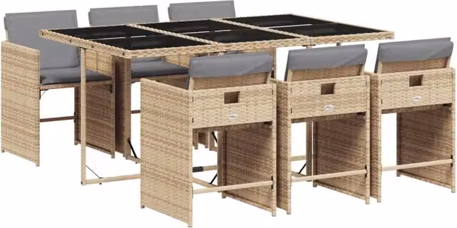 Set da Giardino Moderno in Polyrattan da 7 Pezzi con Tavolo in Vetro e Cuscini Beige, Nero e Grigio – 1