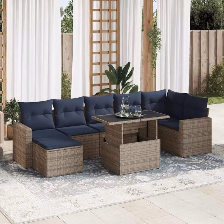Set Divani da Giardino vidaXL 8 Pezzi con Cuscini e Tavolino, Design Moderno a L in Polyrattan Grigio e Blu